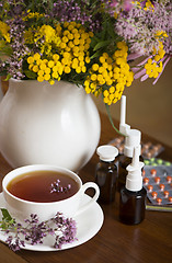 Image showing Still life from medicinal herbs, herbal tea and medicines