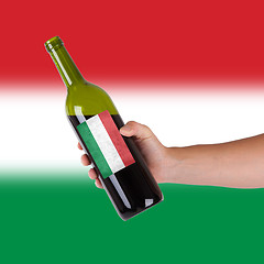 Image showing Hand holding a bottle of red wine