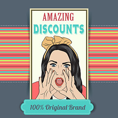 Image showing retro illustration of a beautiful woman and amazing discounts me