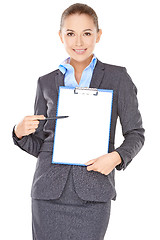 Image showing Businesswoman with a blank clipboard