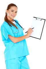 Image showing Smiling doctor with a blank clipboard