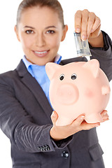 Image showing Successful happy woman saving her money