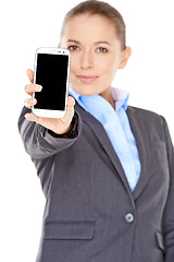 Image showing Businesswoman displaying her mobile phone