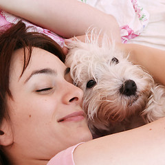 Image showing Dog sleeping on bed 