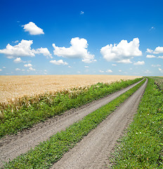 Image showing road in green field under beautiful blue sky