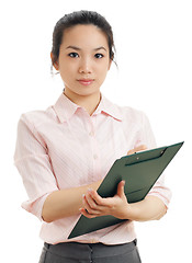 Image showing Asian business woman write on file pad