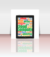 Image showing Tablet PC with cloud of business word icons isolated on white background