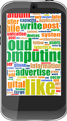 Image showing Touchscreen smartphone with social word cloud isolated on white