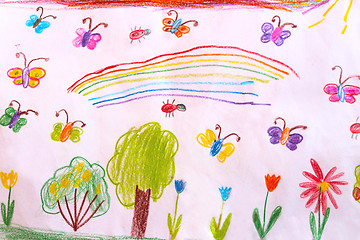 Image showing Children's drawing with butterflies and flowers