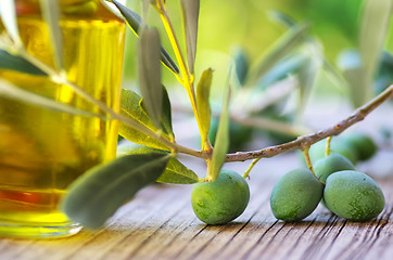 Image showing  olive oil on old wooden table