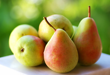 Image showing Fresh ripe pears on green background