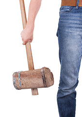 Image showing Man with very old wooden hammer isolated 