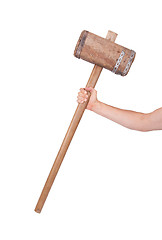 Image showing Man with very old wooden hammer isolated 