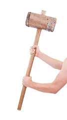 Image showing Man with very old wooden hammer isolated 