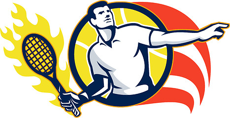 Image showing Tennis Player Flaming Racquet Ball Retro