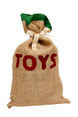 Image showing Santa's hessian sack full of toys and tied with satin ribbon