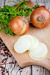 Image showing fresh onions, parsley and peppercorns 