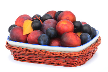 Image showing Plums and prunes in a vase for fruit on a white background.