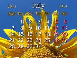 Image showing calendar for the July of 2014