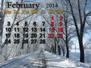 Image showing calendar for February of 2014 with winter