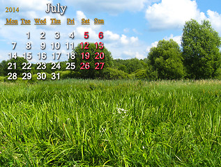 Image showing calendar for the July of 2014 with summer