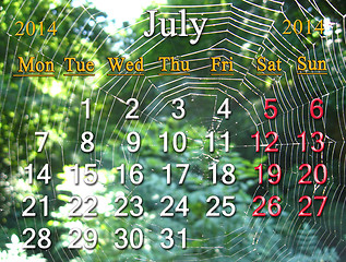 Image showing calendar for the July of 2014 with spider's web