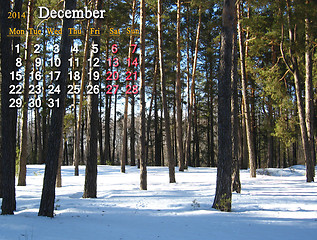 Image showing calendar for the December of 2014 with picture of winter forest