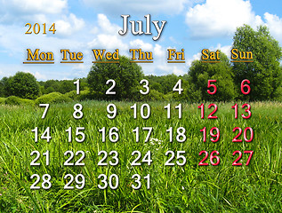 Image showing calendar for July of 2014 on background of summer