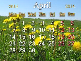 Image showing calendar for the April of 2014 year