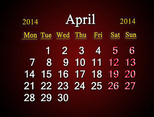 Image showing calendar for the April of 2014