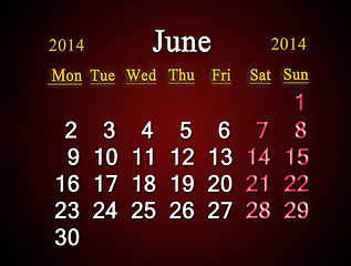 Image showing calendar for the June of 2014