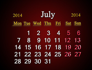 Image showing calendar for the July of 2014