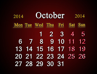 Image showing calendar for the October of 2014