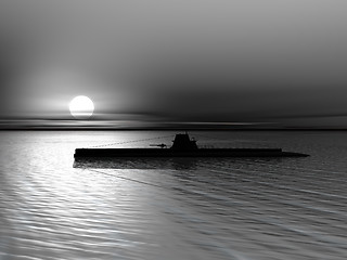 Image showing Submarine on a background of a sunset on the sea