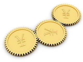 Image showing Golden yen gears on white