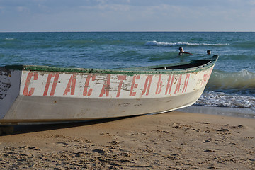 Image showing The lifeboat on the bank of the Black Sea.