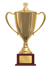 Image showing Gold trophy cup on wood pedestal