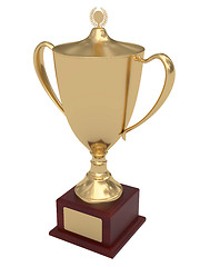 Image showing Gold trophy cup on wood pedestal