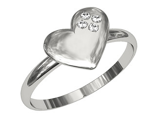 Image showing Platinum or silver ring in the shape of heart with diamonds