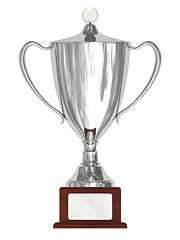 Image showing Silver trophy cup on wood pedestal