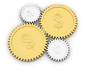 Image showing Golden dollar and cent gears on white