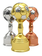 Image showing Golden, silver and bronze soccer trophies