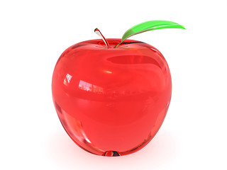 Image showing Red glass apple with leaf on white