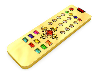 Image showing Golden universal remote control with colorful gems buttons