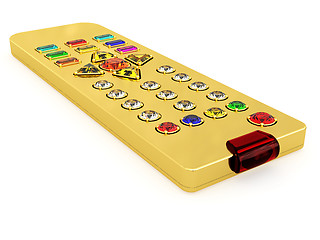 Image showing Golden universal remote control with colorful gems buttons