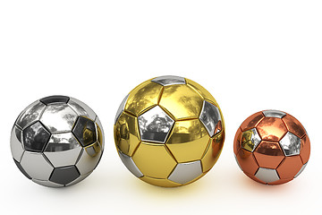 Image showing Golden, silver and bronze soccer balls on white