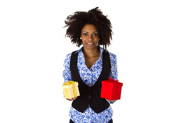 Image showing African american woman with gift boxes 