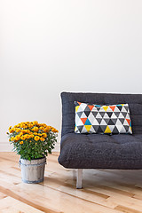 Image showing Orange chrysanthemums and sofa with bright cushion