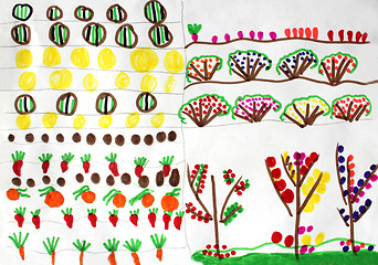 Image showing Children's drawing with many vegetables and fruits