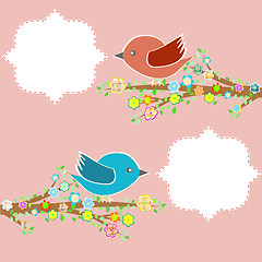 Image showing two birds in the trees with speech bubbles on tree branch